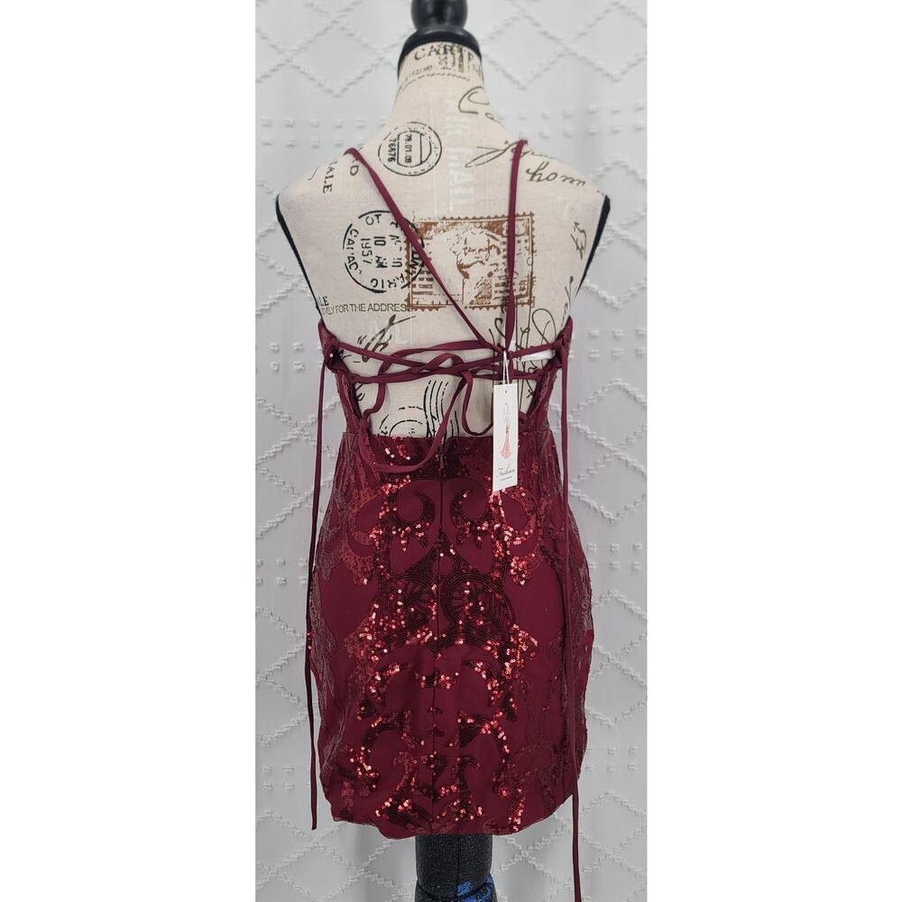 Sparkly Sequin Homecoming mini Dress Wine Cocktail Dress Spaghetti Strap Size 0 - Picture 4 of 11